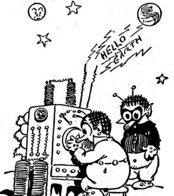 A cartoon of two Martians or other alien beings with antennae working a large radio dial and buzzing the words, 