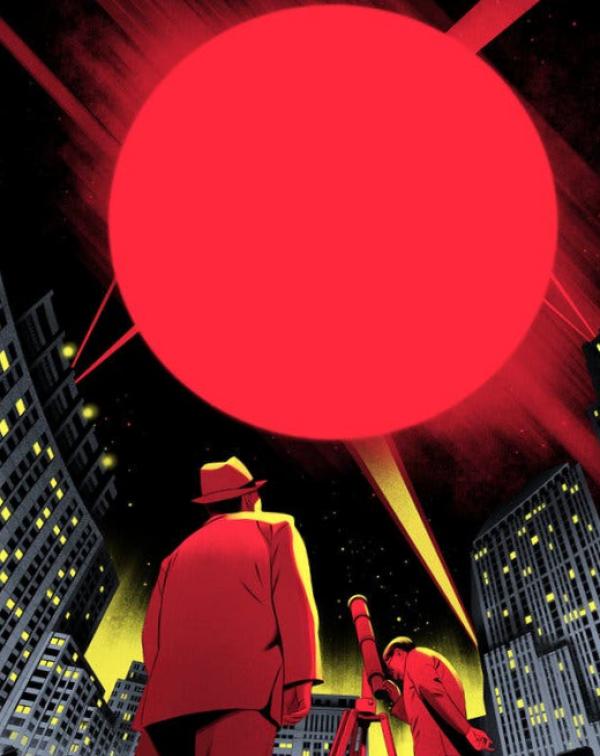 An illustration showing people dressed in 1920s-style clothing on a street surrounded by tall buildings looking at a red orb through a telescope.