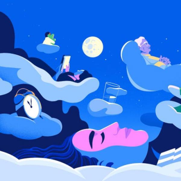 There is also a glass of water and an alarm clock. A child hugs a teddy bear, a woman reads a book and an elderly man sleeps peacefully with his hands folded on his chest. An illustration of people of different ages and genders resting or sleeping on clouds in a night sky.