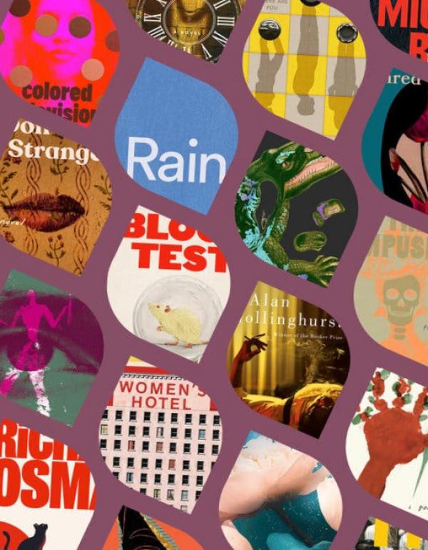 A grid of oval shapes showing snippets of various book covers on a red-purple background.