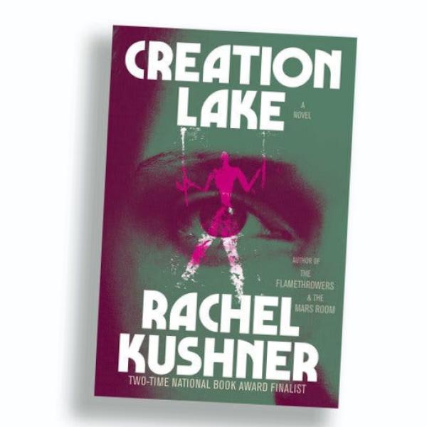 The cover of “Creation Lake” has a green and magenta close-up photograph of a woman’s eye, overlaid with a white drawing of a person holding two sticks.