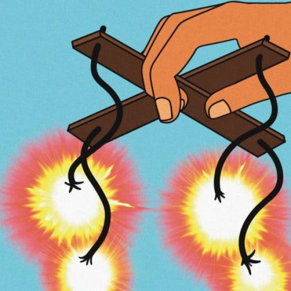 An illustration of a hand lifting a small brown cross with open wires coming out of each corner and fiery electric shocks at the bottom of each wire.