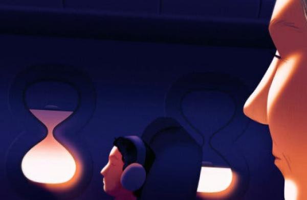 A young person wearing headphones sits by a window, oblivious to an older woman in tight profile intently looking at them from across the aisle. An illustration shows the dark blue interior of an airplane.