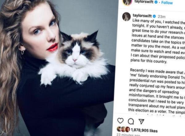 A screen shot of an Instagram post in which Taylor Swift holds a cat.